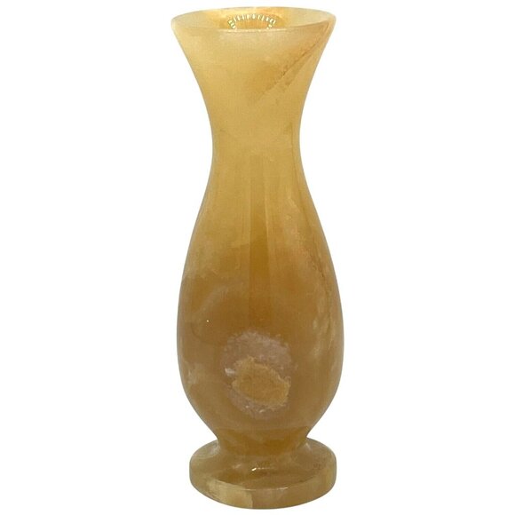 Vtg Turkish Carved Marble Onyx Stone Short Stem Vase Amber Tones Decor 5.5" Tall - Picture 3 of 8